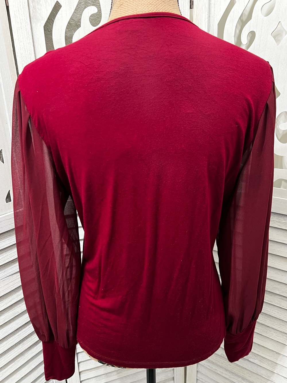 Lascana Women’s Mesh Yoke Long Sleeve Top - Burgundy - Picture 7 of 13